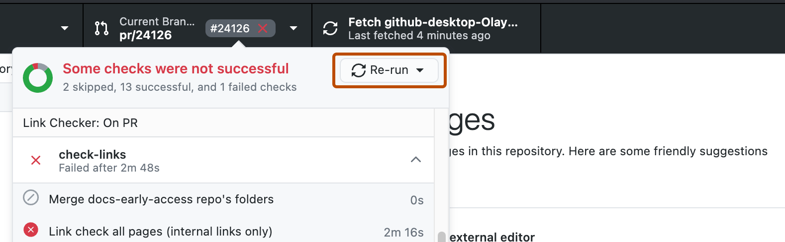 Screenshot of a dropdown view from a pull request label. Next to "Some checks were not successful", a button labeled "Re-run" is outlined in orange.