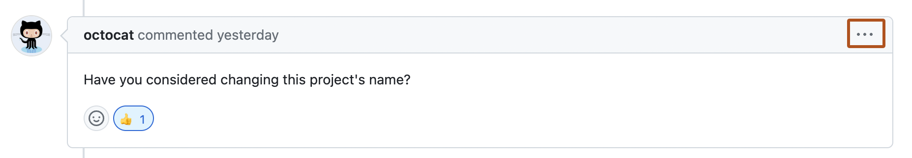 Captura de tela de um comentário em uma solicitação de pull. O botão de kebab está contornado em laranja escuro.
