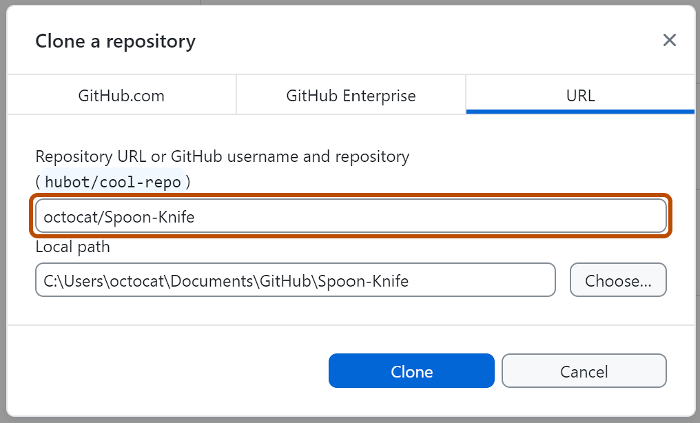 “Clone a repository”窗口的“URL”选项卡的屏幕截图。 包含“octocat/Spoon-Knife”的输入以橙色轮廓突出显示。