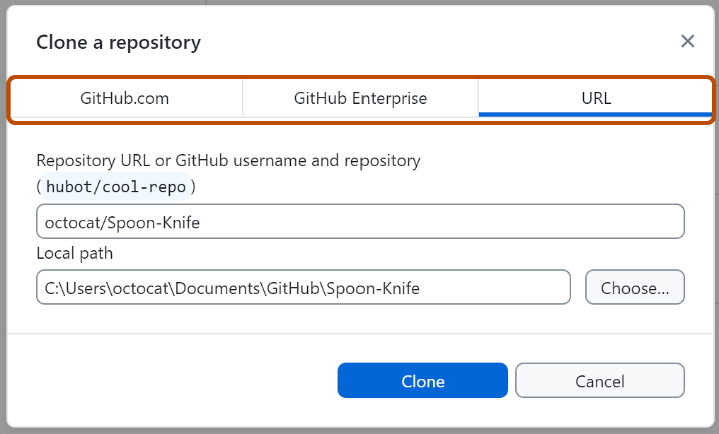 Screenshot of the "URL" tab of the "Clone a repository" window. The "GitHub.com", "GitHub Enterprise" and "URL" tabs are outlined in dark orange.