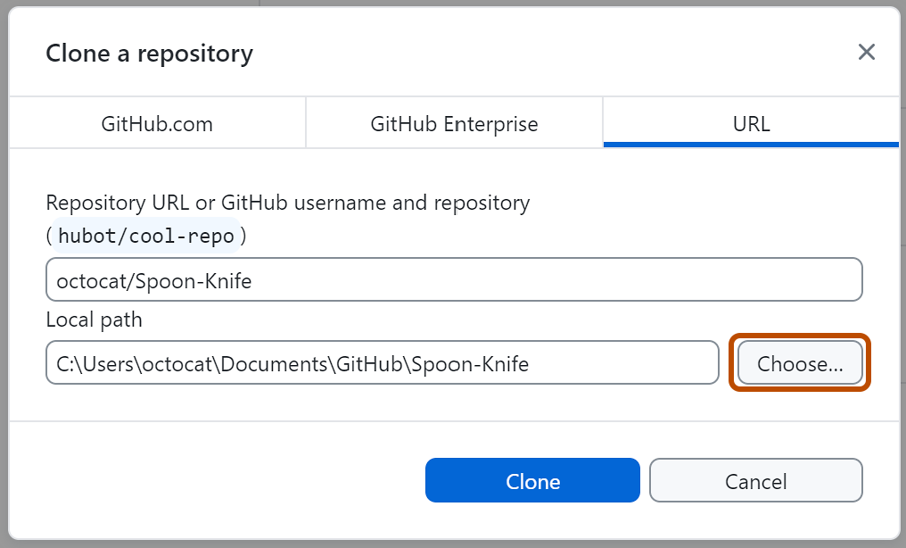 “Clone a repository”窗口的“URL”选项卡的屏幕截图。 标有“选择”的按钮用橙色边框突出显示。