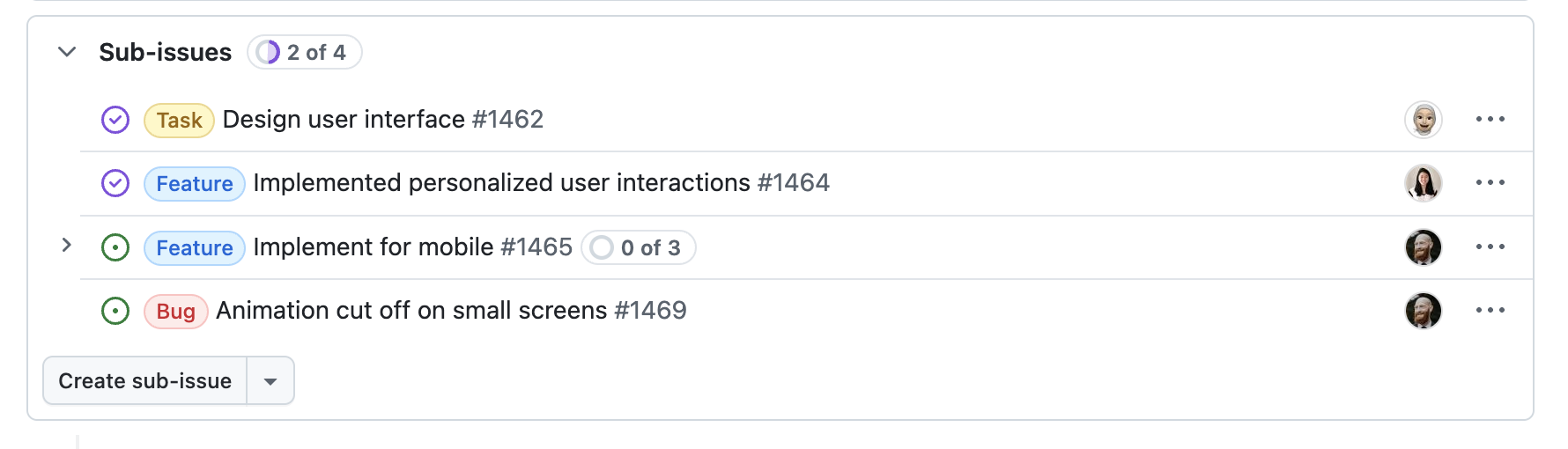 問題の説明の下にある sub-issue セクションのスクリーンショット。