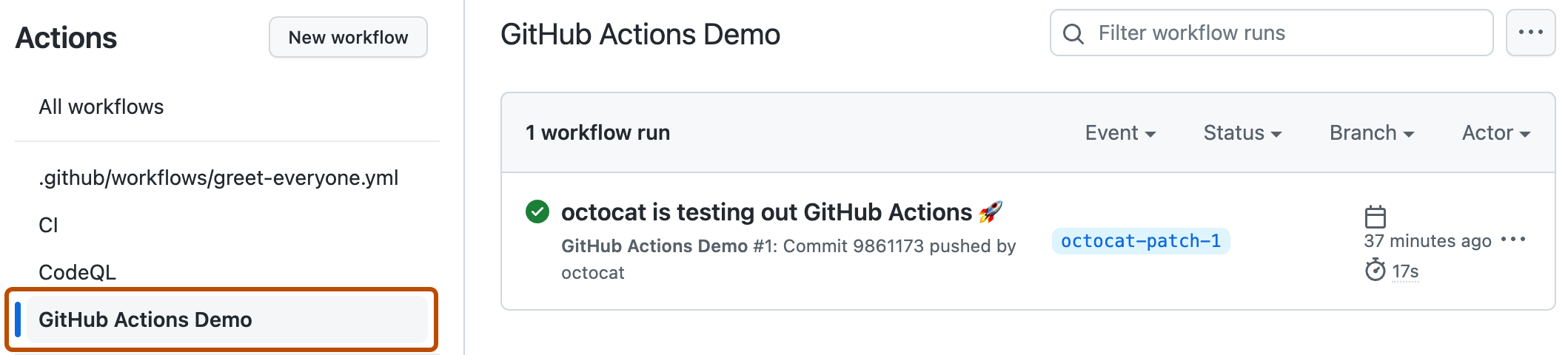 “Actions”页面的屏幕截图。 在左侧边栏中，工作流名称用深橙色边框突出显示。