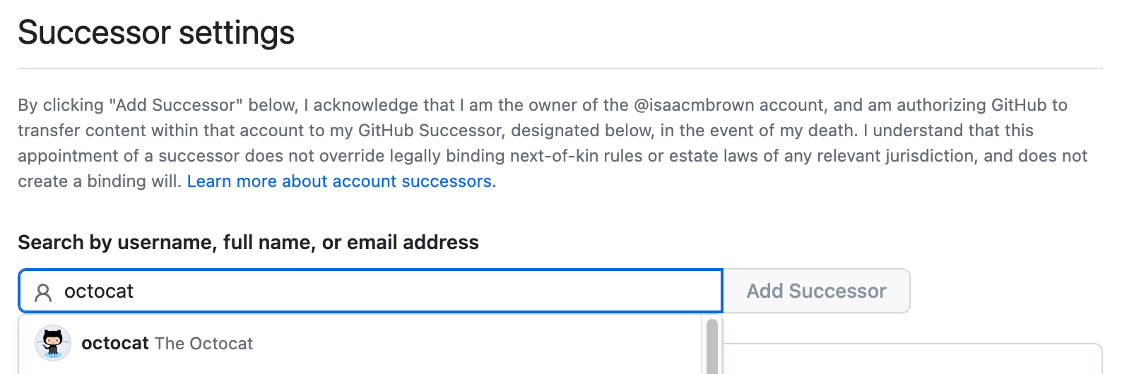 Screenshot of the "Successor settings" section. The string "octocat" is entered in a search field, and Octocat's profile is listed in a dropdown.