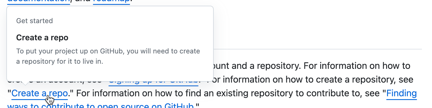 GitHub Docs 上的文章的屏幕截图。 光标悬停在项目链接上，并显示一个悬停卡。