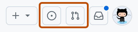 Capture d'écran de l'en-tête d'une page sur GitHub. Les icônes « Demandes de tirage » et « Problèmes » apparaissent en orange foncé.