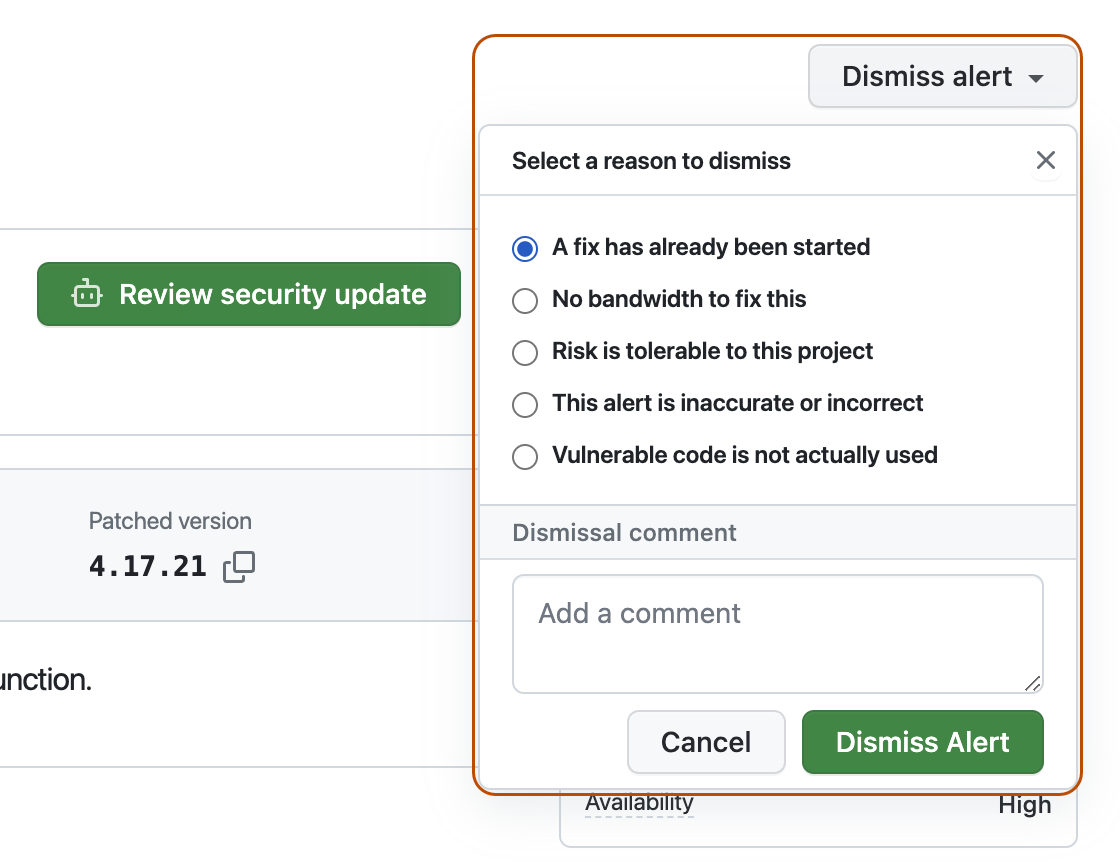 Screenshot of the alert details page with the Dismiss alert button, dropdown menu options, and dismissal comment box outlined in orange.