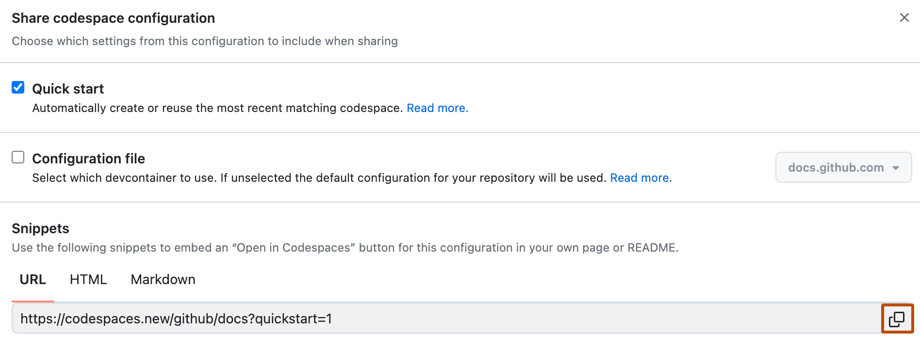 [codespace 構成の共有] ウィンドウのスクリーンショット。 "新しい codespace" の URL の横に、重なった 2 つの四角形のアイコンがオレンジ色の枠線で囲まれています。