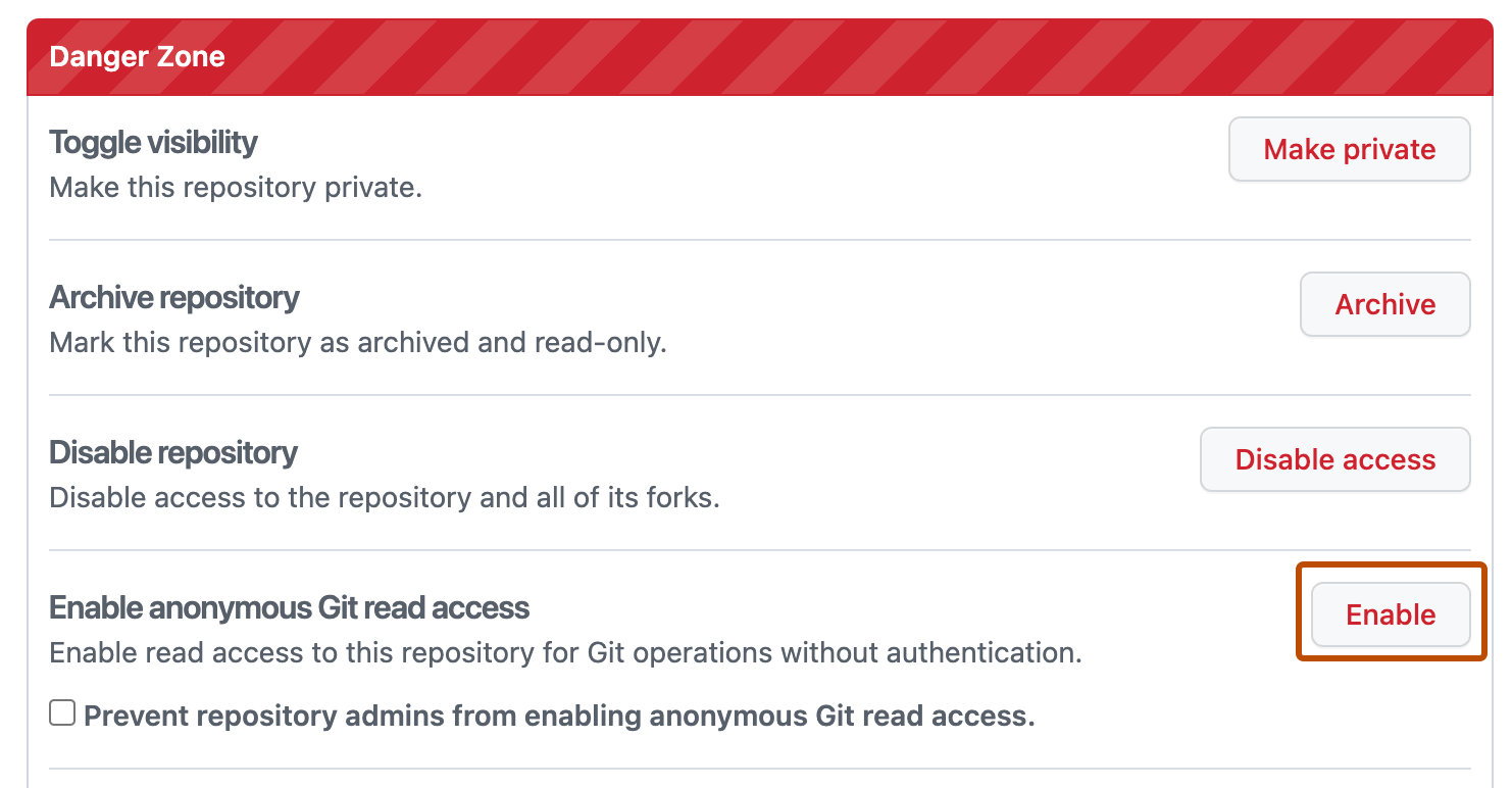 Captura de tela da configuração "Enable anonymous Git read access". O botão "Enable" está contornado.