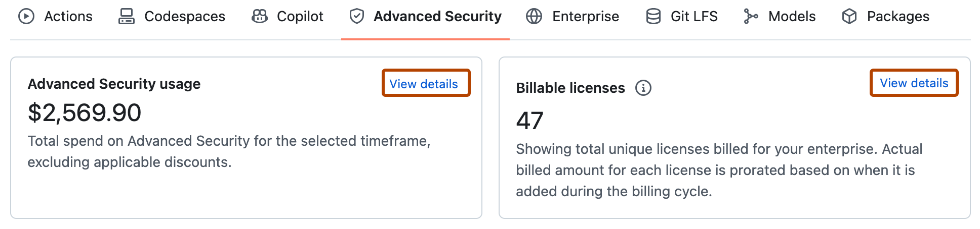 "View details" 링크가 진한 주황색 윤곽선으로 강조 표시된 "Advanced Security"를 보여 주는 탭 보기의 스크린샷