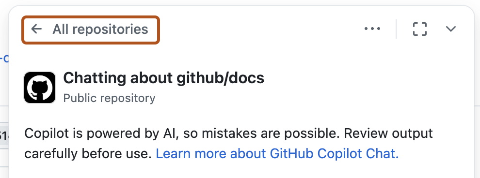 Screenshot of the Copilot chat panel page with "All repositories" highlighted with a dark orange outline.