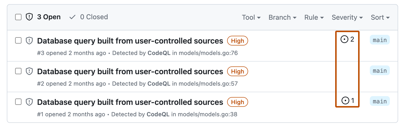 Captura de tela da exibição de alertas da code scanning. A primeira e a terceira entradas incluem o ícone de problema com o número do problema.