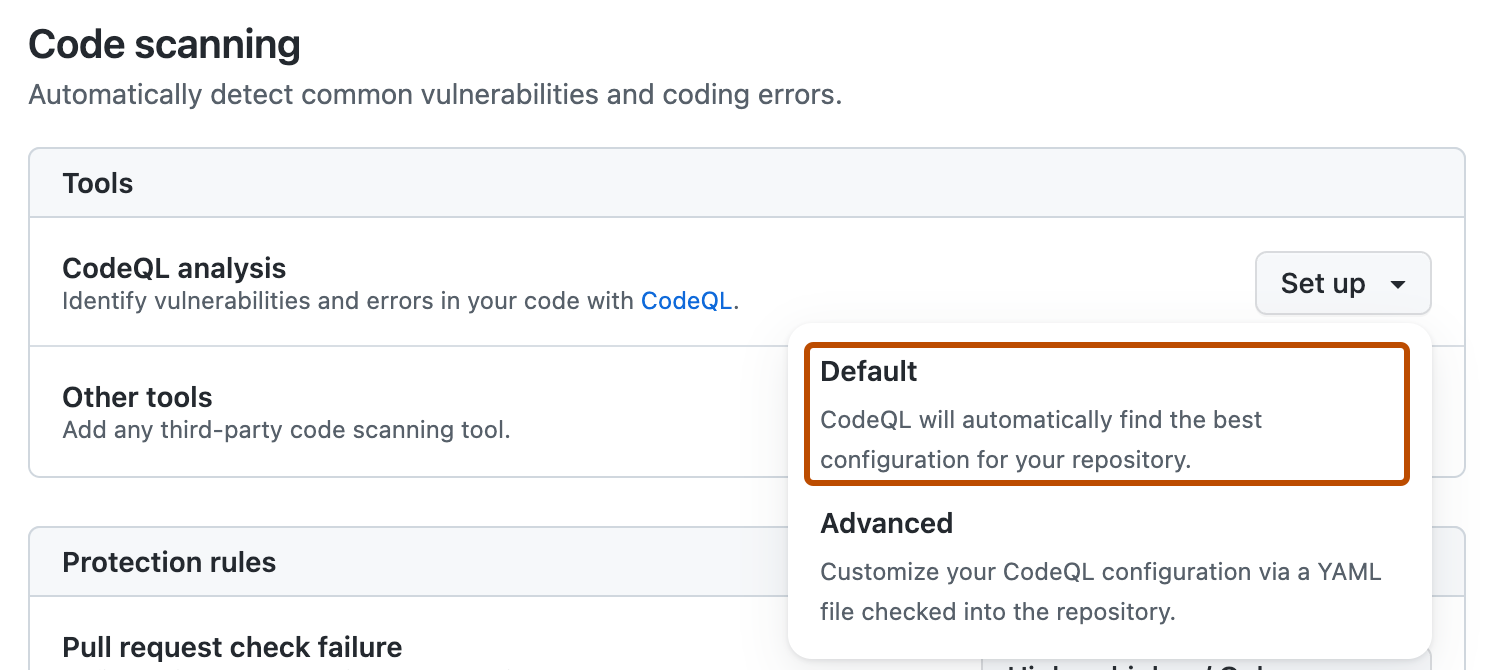 Screenshot: Abschnitt „Code scanning“ der Code security-Einstellungen Die Schaltfläche „Standardeinrichtung“ ist mit einem orangefarbenen Umriss hervorgehoben.