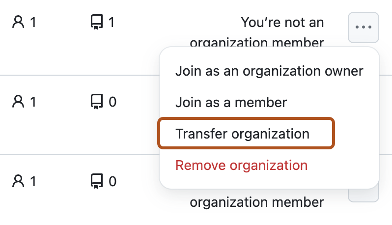 Screenshot of the expanded dropdown menu labeled with the kebab icon, for an organization. The "Transfer organization" option is outlined.