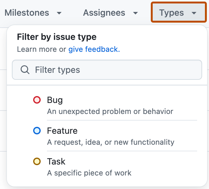 이슈 목록의 스크린샷. 목록 헤더에서 "Types" 필터는 주황색 윤곽선으로 표시되고 확장됩니다.