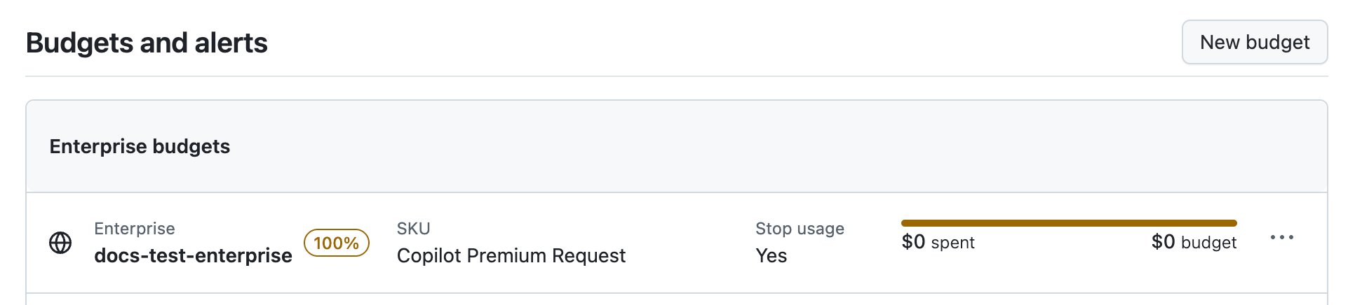 Screenshot of the enterprise budgets page, with the default budget: a $0 budget for the Premium Request SKU.