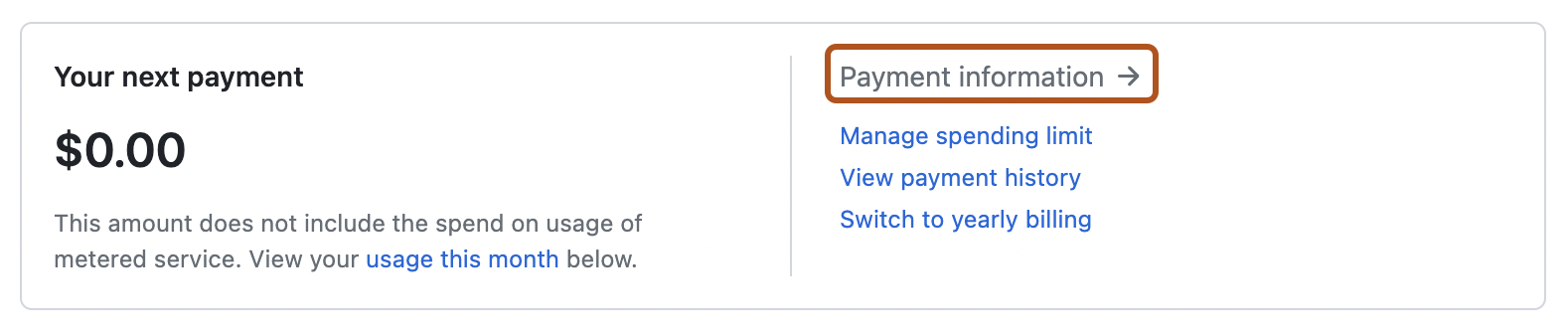 Screenshot of the top of the billing settings page. In the "Payment information" box, the "Update payment method" link is outlined in orange.