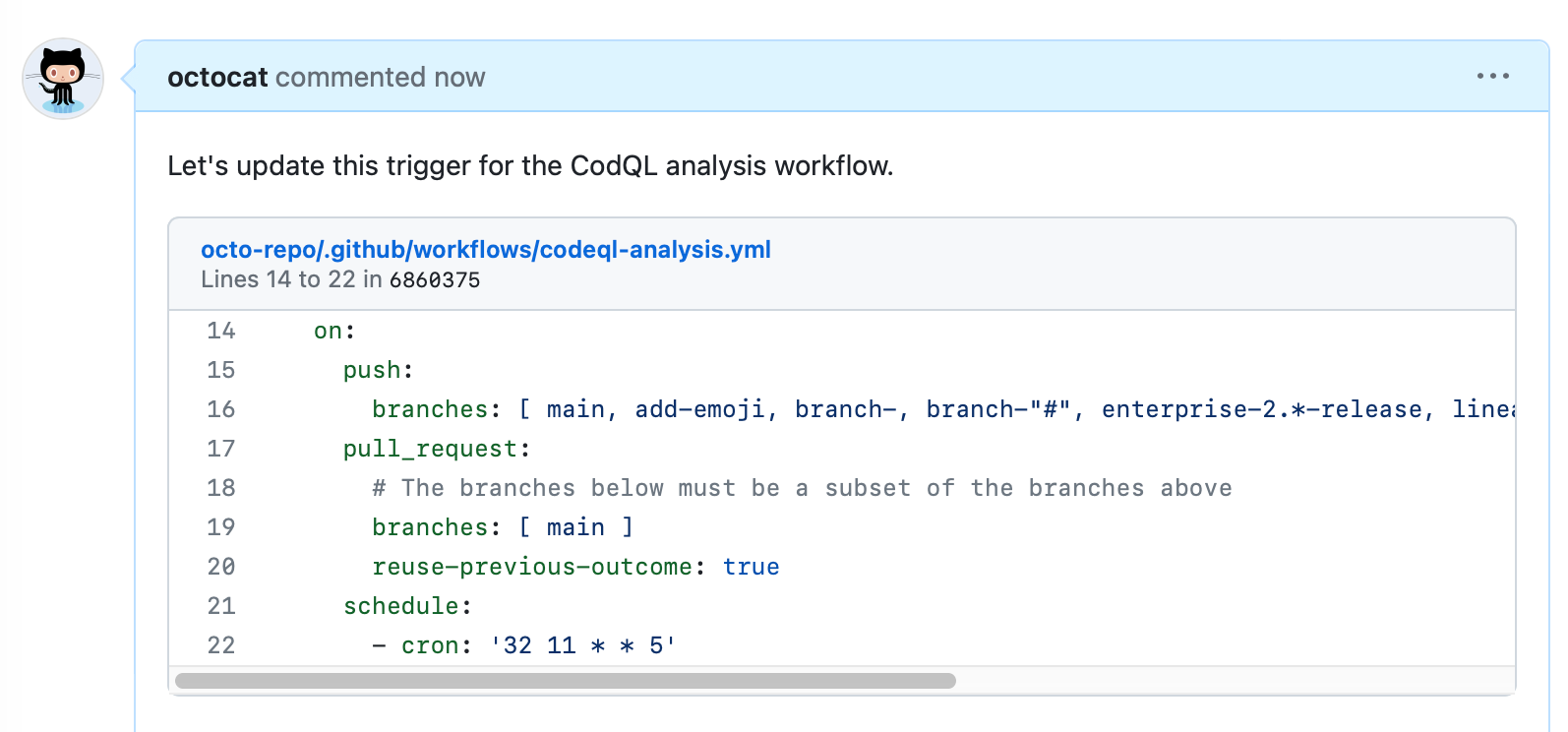 Capture d’écran d’un commentaire de problème. Un extrait de code se compose d'un en-tête qui indique le nom du fichier et les numéros de ligne, et d'un corps qui contient le code de ces lignes.