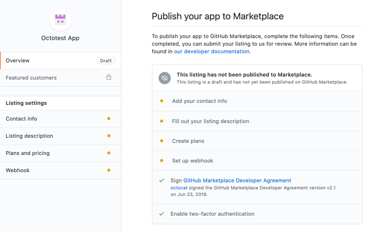 Captura de tela de uma listagem do GitHub Marketplace de rascunho. Em "Publish your app to Marketplace", as ações inacabadas são marcadas com círculos laranjas.