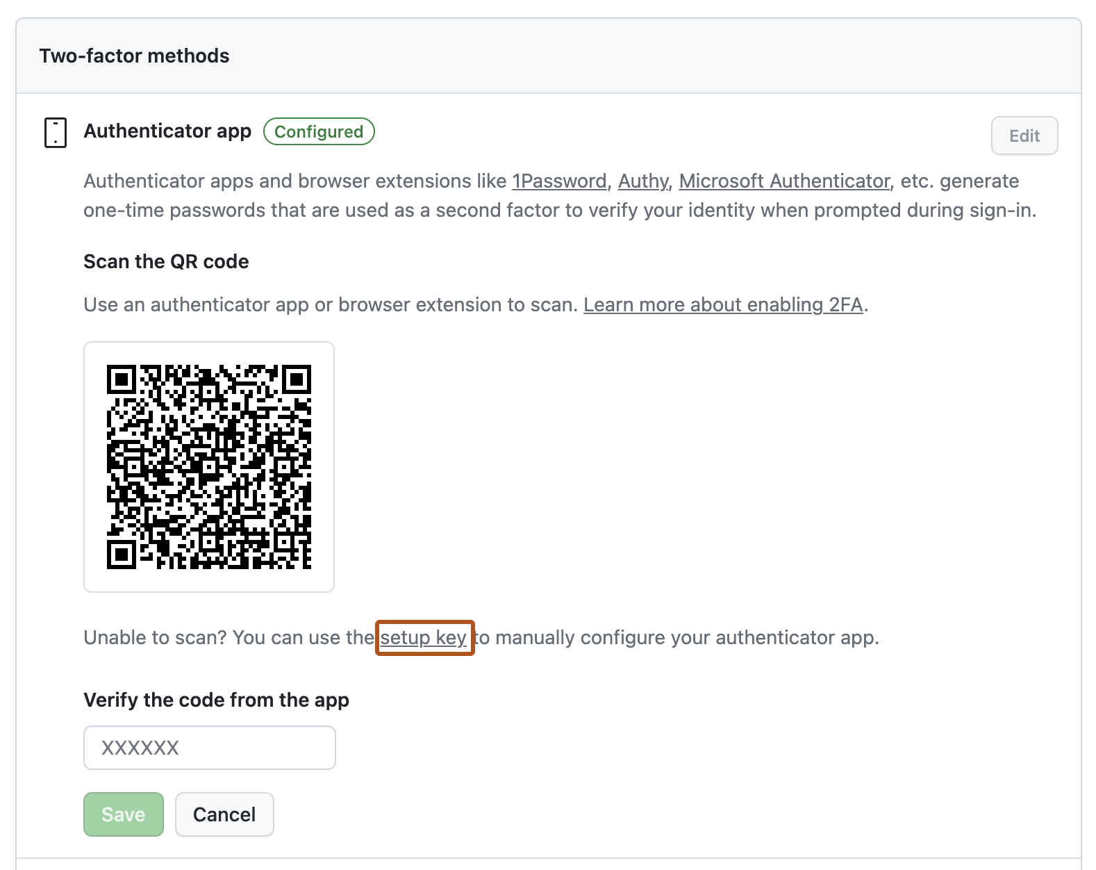 “Authenticator 应用”设置的屏幕截图。 标题为“设置密钥”的嵌入链接以深橙色轮廓突出显示。