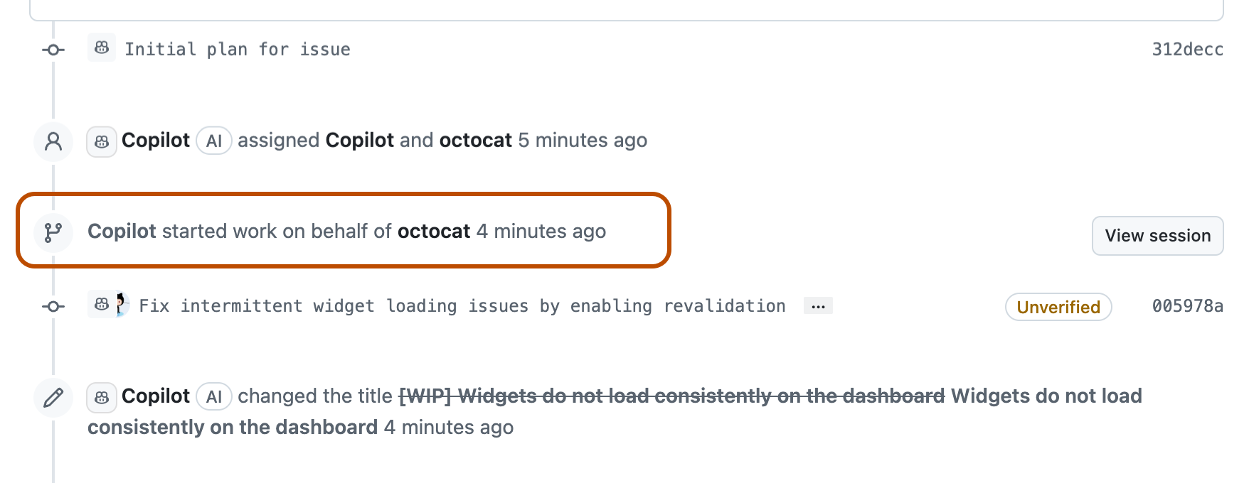 包含一系列时间线事件的拉取请求的屏幕截图，其中包括“Copilot started work”。