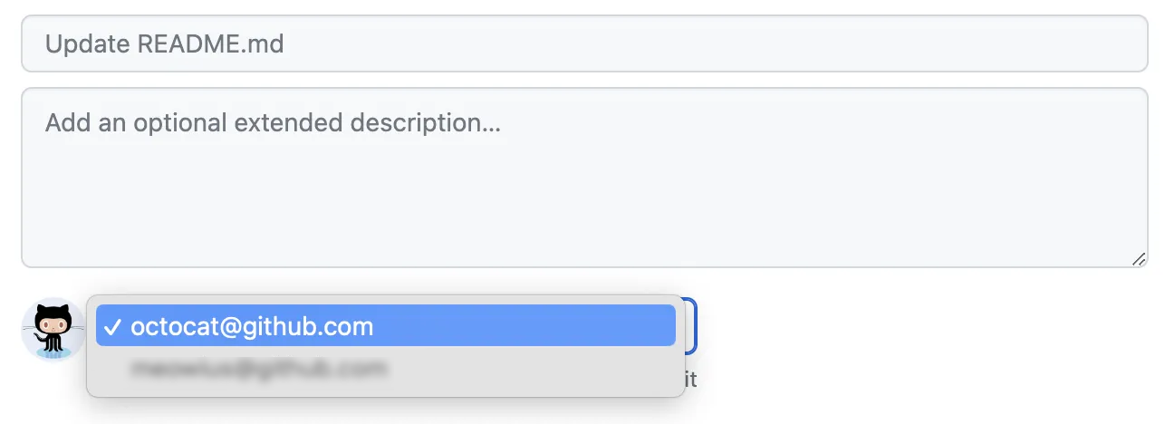 Screenshot eines GitHub-Pull Requests mit einem Dropdownmenü mit Optionen zum Auswählen der Commit-E-Mail-Adresse des Autors. octocat@github.com ist ausgewählt.