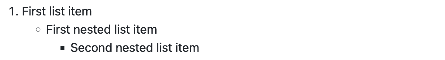 番号付きの項目の後に、2 つの異なるレベルの入れ子になった行頭文字が続く、レンダリングされた GitHub Markdown のスクリーンショット。