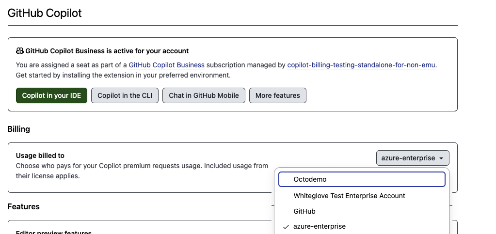 Copilot 功能设置的屏幕截图。 “Usage billed to”下拉列表处于打开状态。