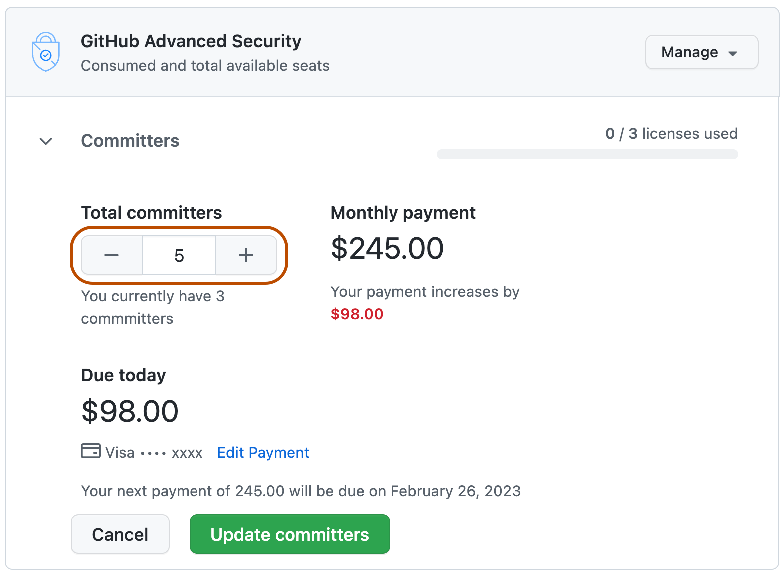 Screenshot of the GitHub Advanced Security committers screen. A text box with the number 5, with a minus and a plus button, are outlined in orange.