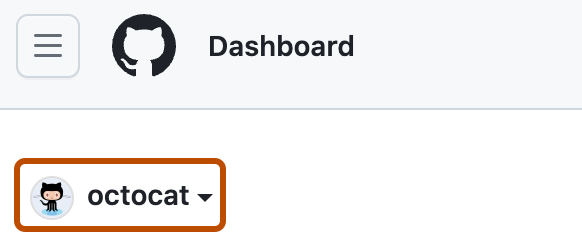 Captura de tela da página do painel de um usuário. No canto superior esquerdo, há um menu suspenso rotulado com "octocat" e uma seta para baixo com um contorno laranja.
