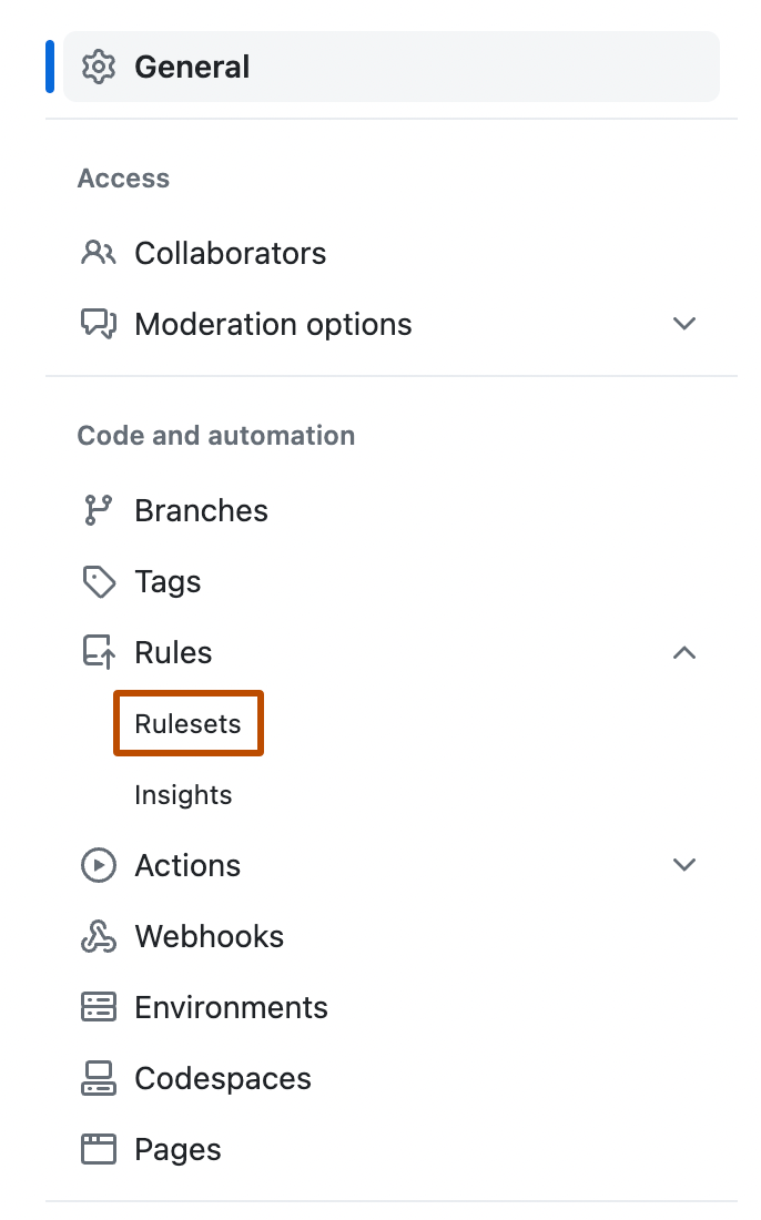 リポジトリの [設定] ページのサイド バーのスクリーンショット。 [ルール] サブメニューが展開され、[ルールセット] オプションの枠線がオレンジ色で表示されています。