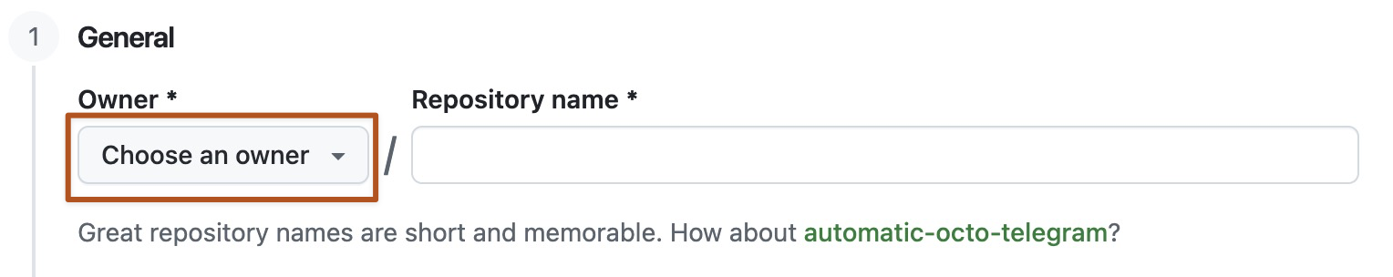 Captura de pantalla del menú del propietario de un repositorio de GitHub nuevo. El menú muestra dos opciones, octocat y github.
