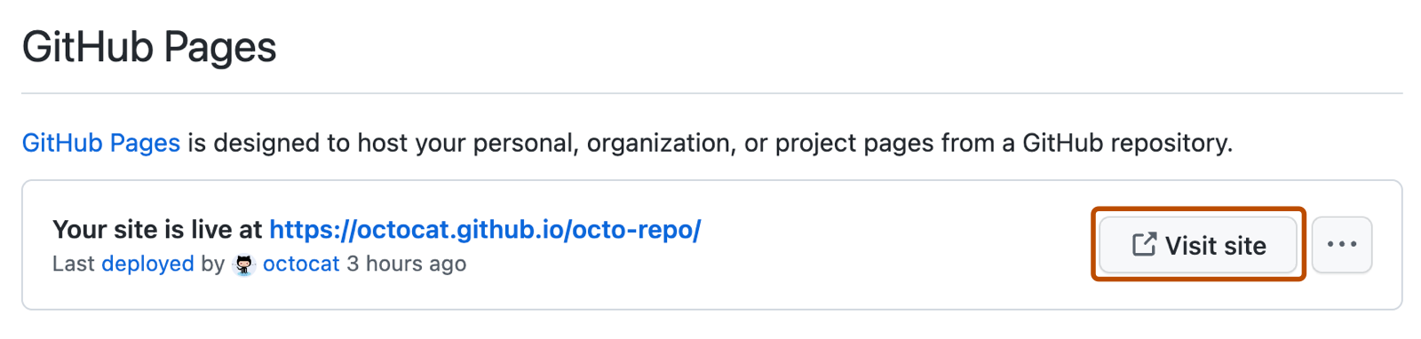 Captura de pantalla de un mensaje de confirmación para GitHub Pages que muestra la dirección URL del sitio. El botón "Visitar sitio" está resaltado en naranja.