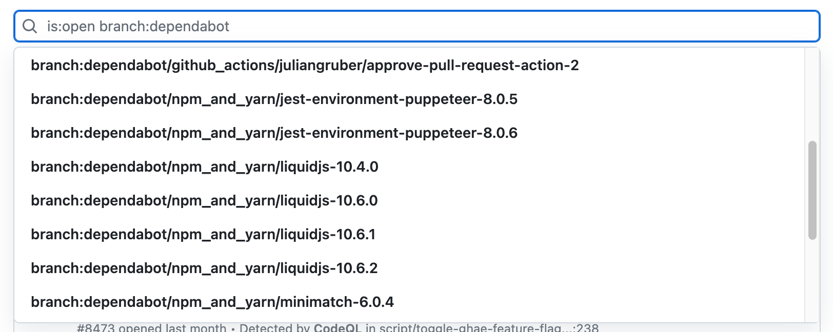 Captura de tela do campo de pesquisa na exibição de alertas. O campo tem "branch:dependabot" e todas as ramificações válidas com um nome correspondente são mostradas.