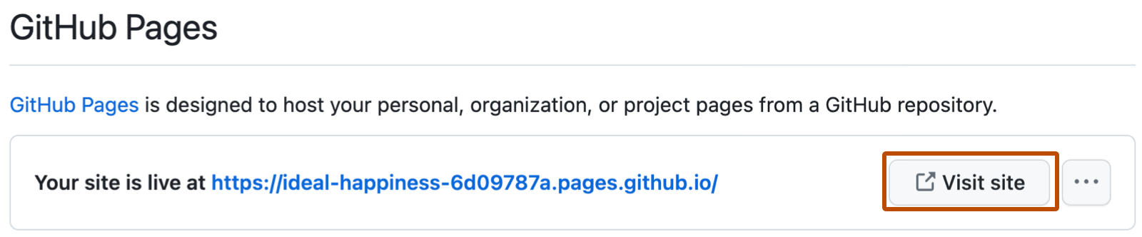 Screenshot of a confirmation message for GitHub Pages listing the site's URL. On the right, the "Visit site" button is outlined in orange.