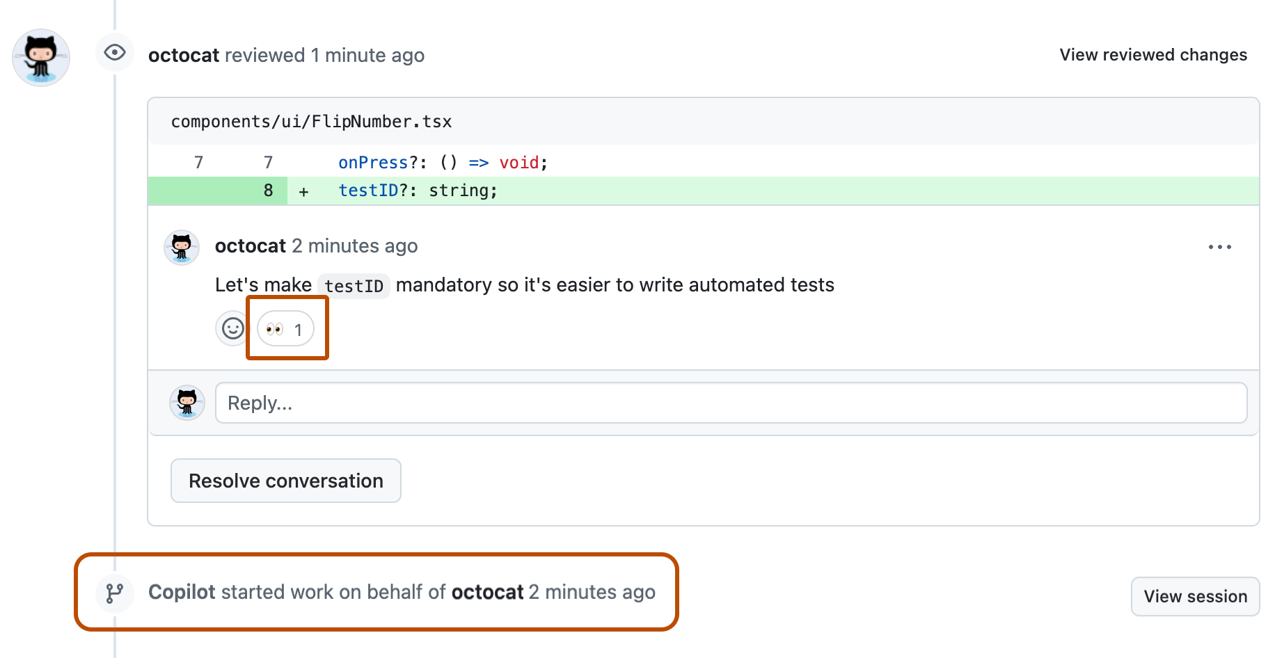 Screenshot of a pull request timeline with a review comment with the eyes reaction and a "Copilot started work" timeline event.