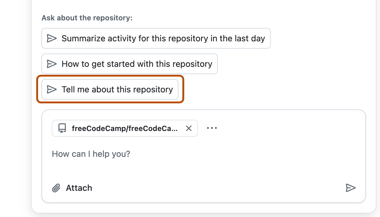 Screenshot of the chat panel with the 'Tell me about this repository' button highlighted.