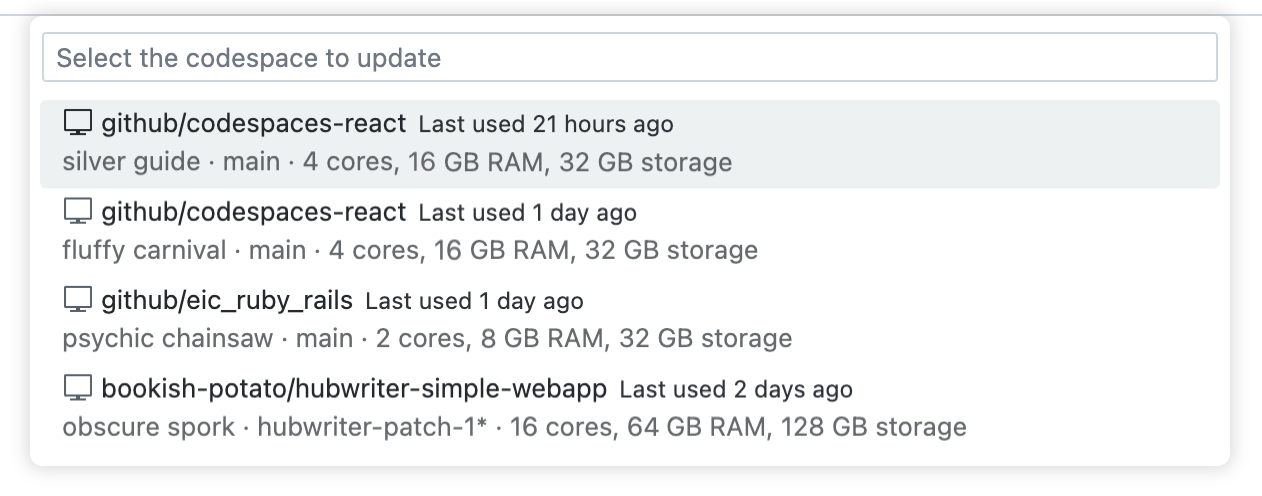 Screenshot of a dropdown list of four codespaces.