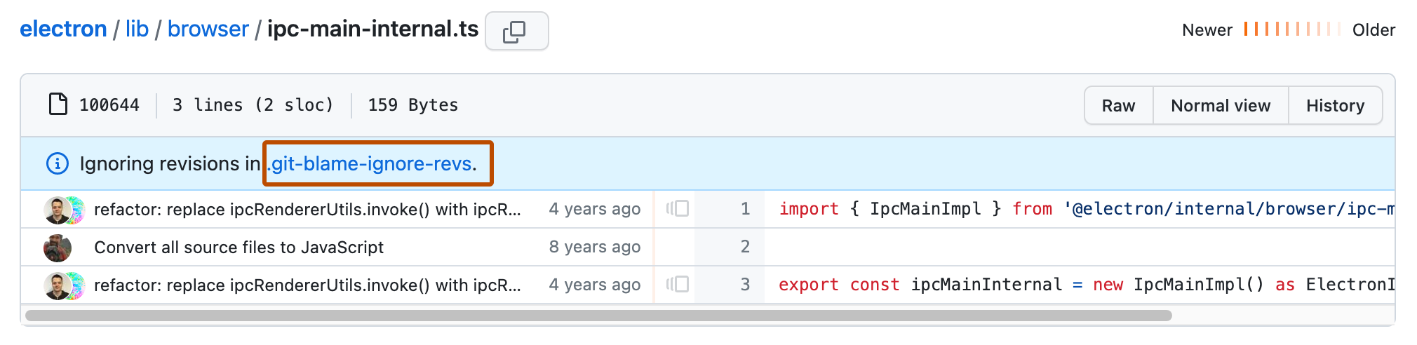 Screenshot of the blame view for a file. The blue "Ignoring revisions" banner includes a link to ".git-blame-ignore-revs" which is outlined in orange.