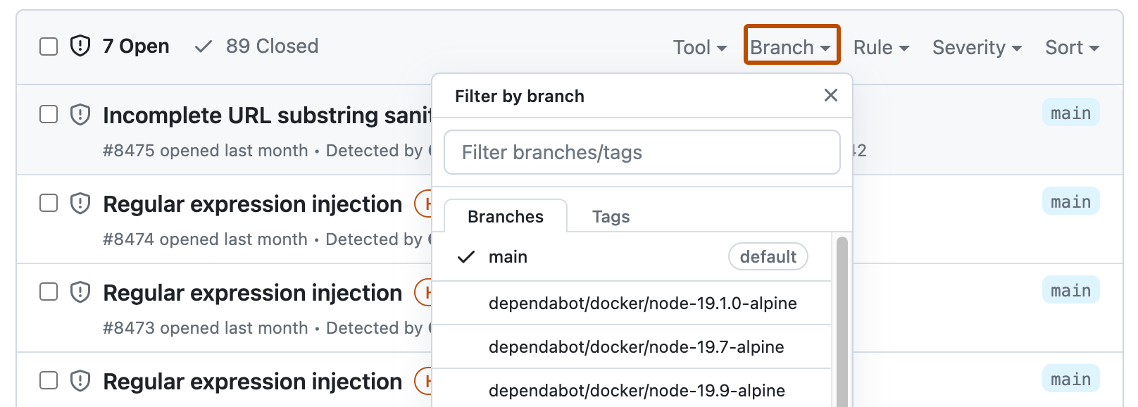 Captura de tela da exibição de alertas com o menu suspenso "Ramo" expandido. O botão "Branch" está realçado em laranja escuro.