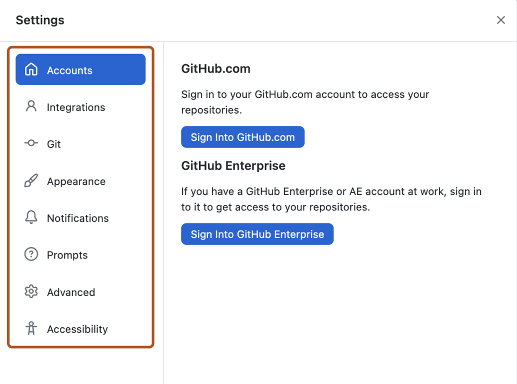 Capture d’écran de la fenêtre « Options ». La barre latérale gauche, avec les options de menu telles que « Comptes » et « Intégrations », est mise en évidence avec un encadré orange.