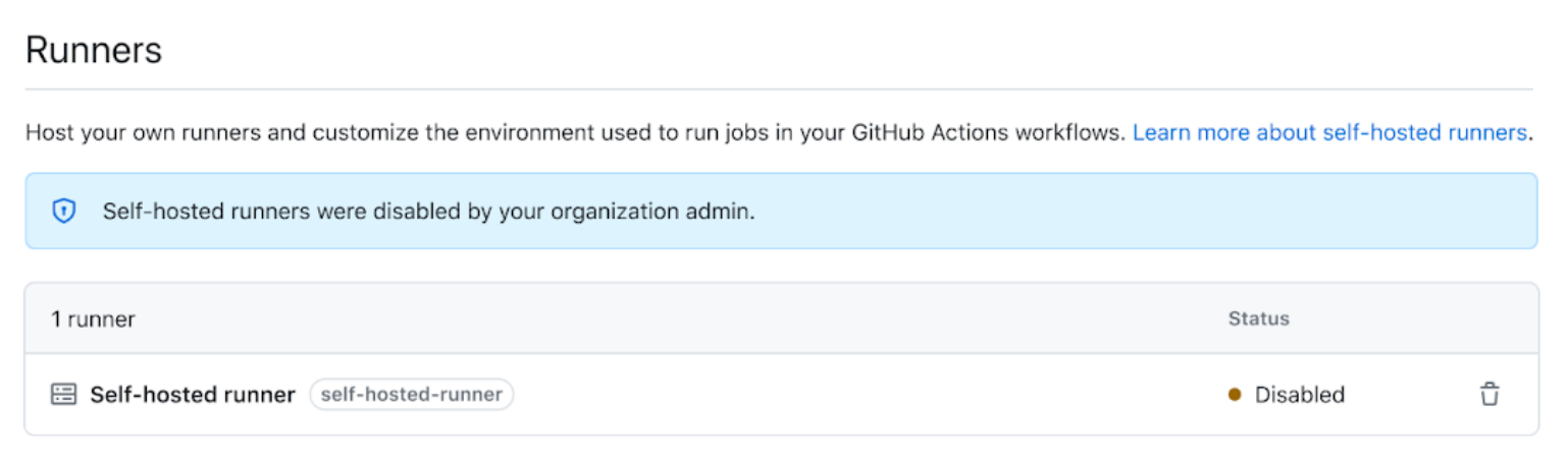 “运行器”列表的屏幕截图，其中显示了状态为“已禁用”的自托管运行器。