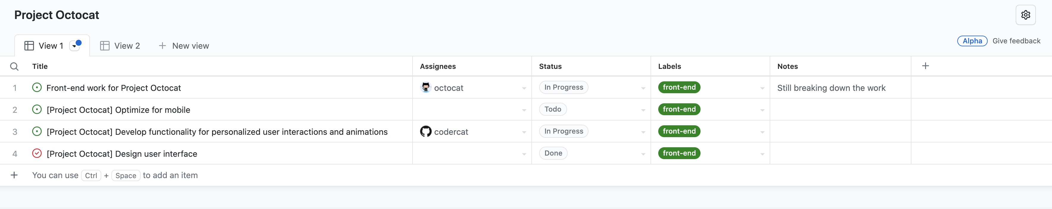 Captura de tela da exibição de tabela de um projeto, contendo uma lista de problemas, com colunas para "Title", "Assignees", "Status", "Labels" e "Notes".