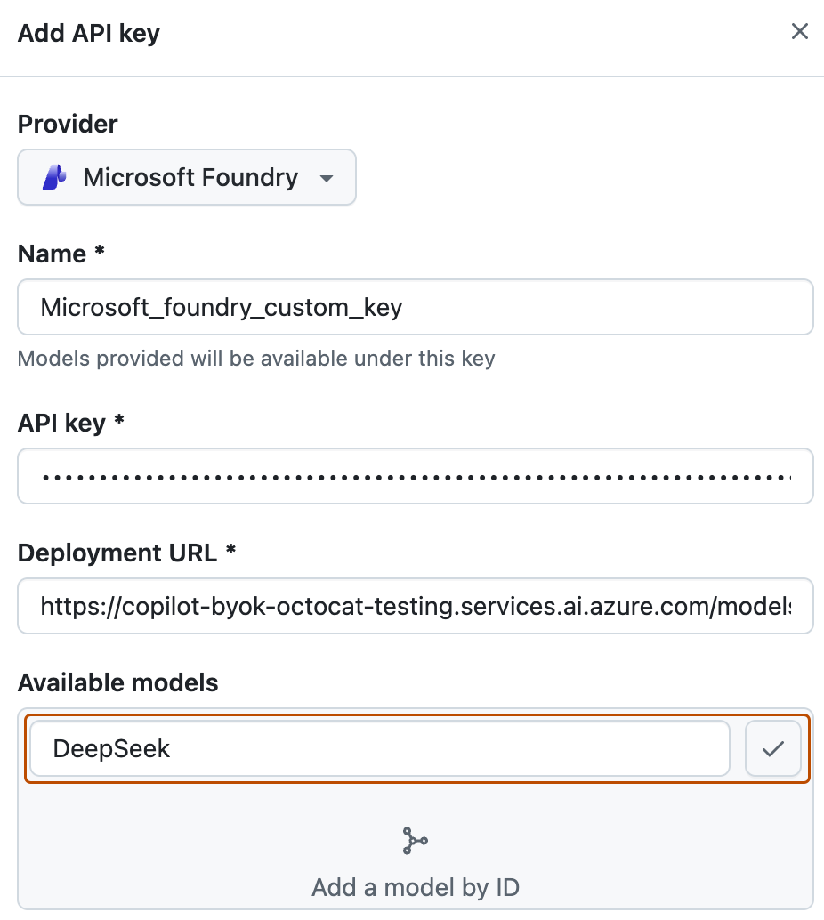 Screenshot of the "Add API key" form. The model text field and "Add model" button is highlighted with an orange outline.