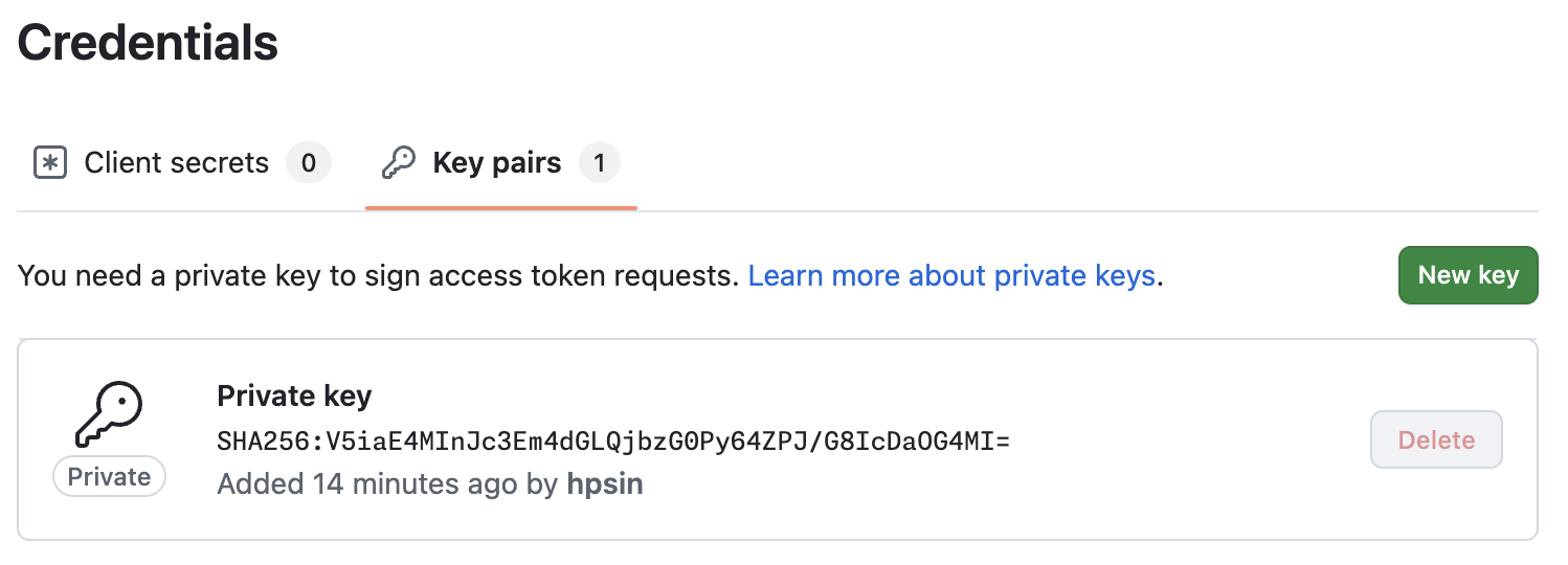 Screenshot of a private key in a GitHub App settings page.