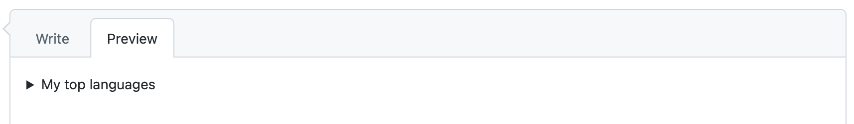 Capture d'écran de l'onglet « Aperçu » d'un commentaire. À gauche des mots « Top languages » se trouve une flèche indiquant que la section peut être développée.