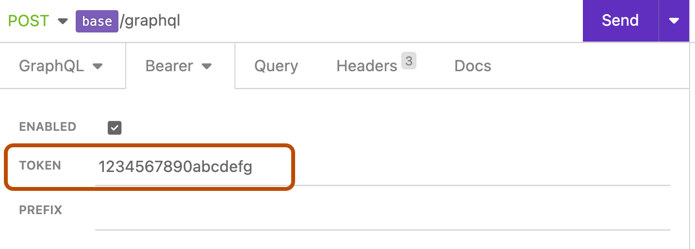 Captura de tela das configurações de autenticação "Bearer" em Insomnia. O campo "TOKEN" é descrito em laranja escuro.