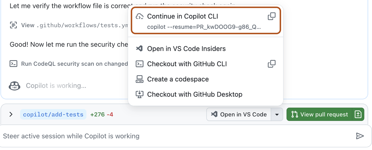 Captura de tela da lista suspensa de ações da sessão, "Continuar na CLI do Copilot" está realçada com um contorno laranja escuro.