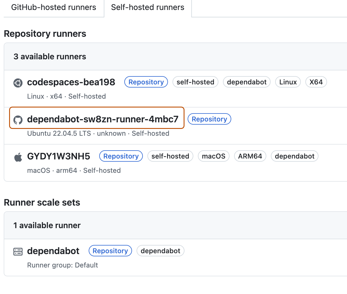 Screenshot mit einem Dependabot-Runner in der Liste der verfügbaren Runner. Der Runner ist orange umrandet.