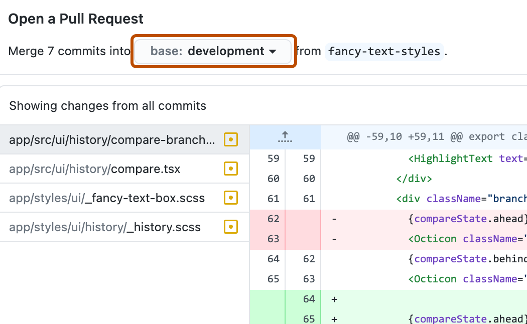 Capture d’écran de la boîte de dialogue « Ouvrir une pull request ». Un bouton avec une icône de liste déroulante, intitulé « base: development », est encadré en orange.